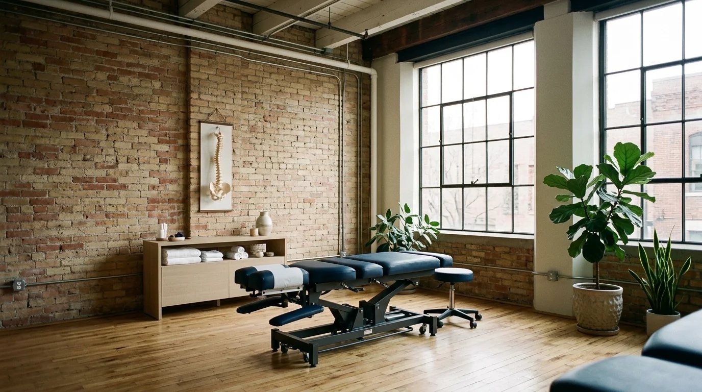A bright treatment room with brick walls, large windows and a navy treatment table