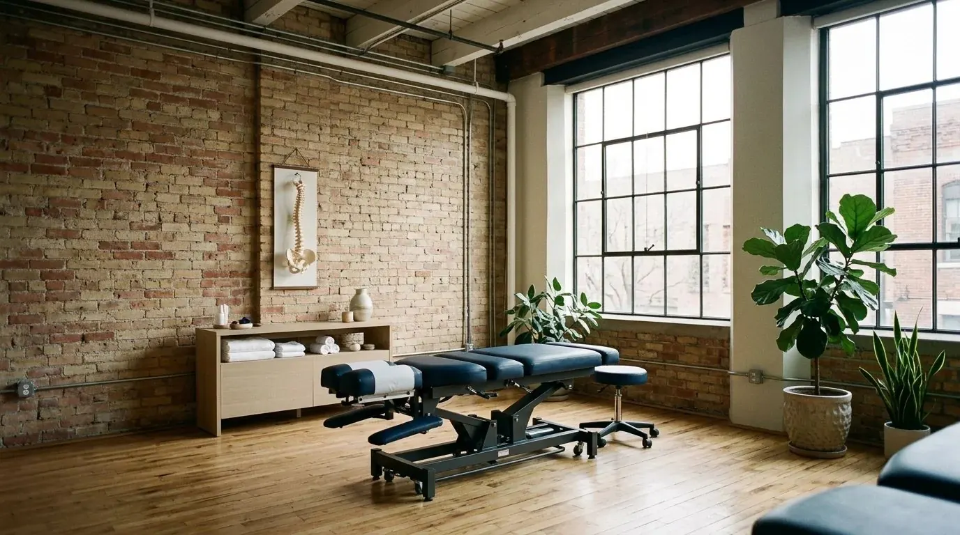 A bright treatment room with brick walls, large windows and a navy treatment table