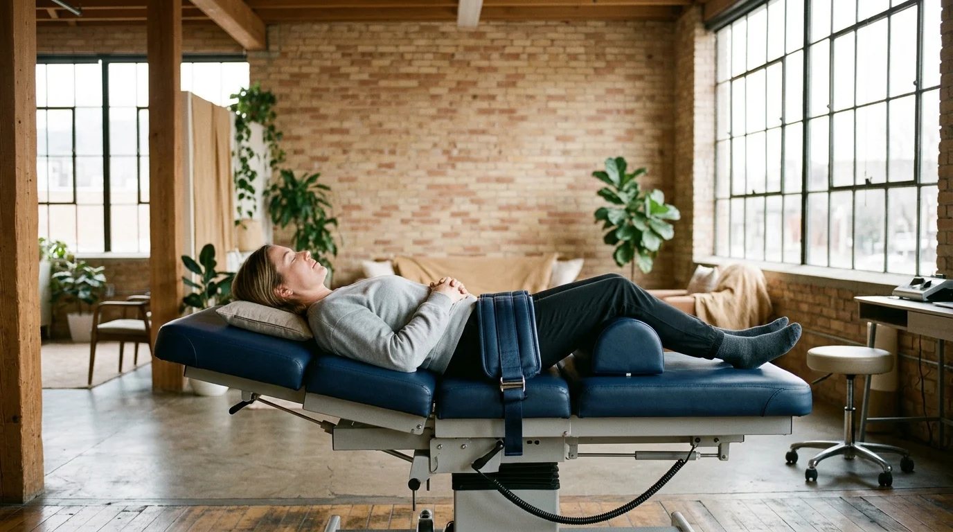 A patient resting on a spinal decompression table