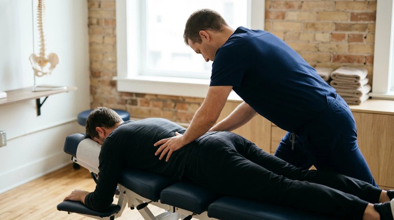 A chiropractor applying flexion-distraction to a patient's lower back