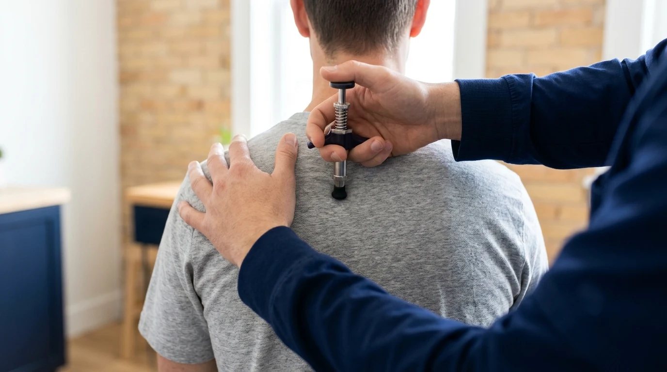 A handheld adjusting instrument used on a patient's upper back