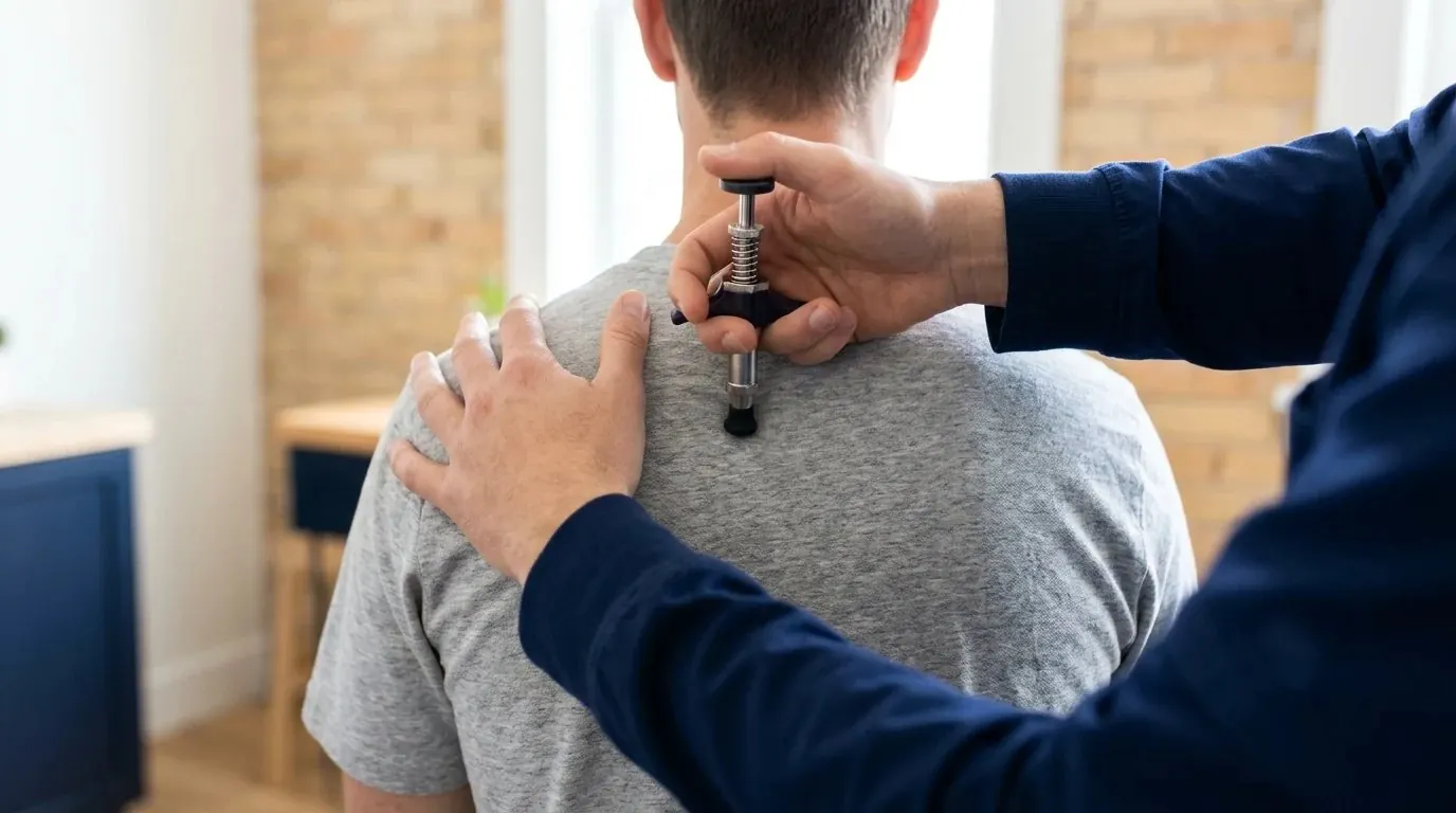 A handheld adjusting instrument used on a patient's upper back